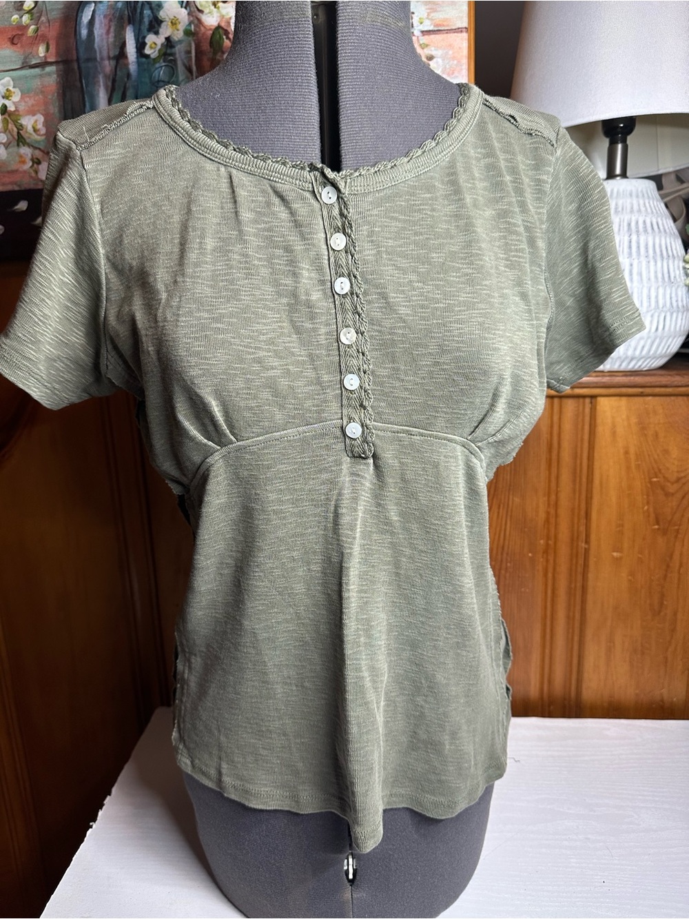 Lucky Brand Olive Short Sleeve Henley Top
